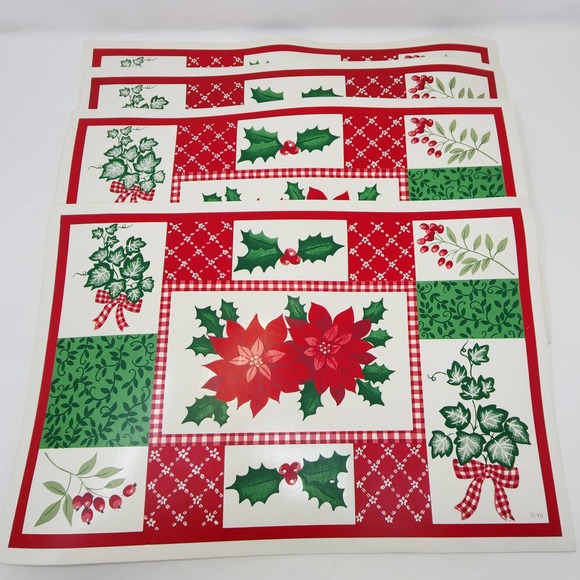 Vinyl Holiday Poinsettia Placemats Set of 4 Christmas Red Green Floral Country - Picture 1 of 3